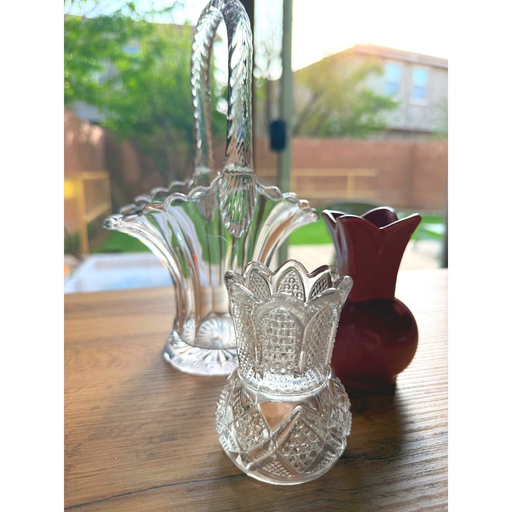 Vintage Bud Vase Set 3pc Clear Glass Basket Pressed Glass & Pink Ceramic Tulip